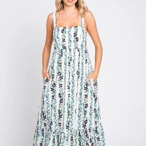 PinkBluMable Blue Floral Striped Square Neck Maxi Dress
